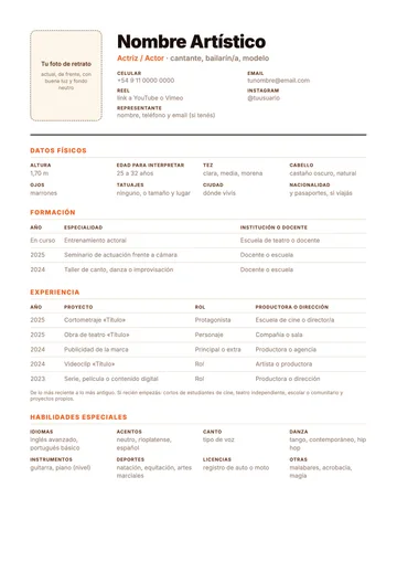 Muestra de la plantilla de CV actoral: foto, datos físicos, formación, experiencia y habilidades en una hoja